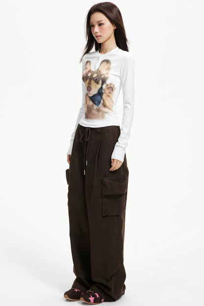 Puppy Print Crew Neck Knit Slim Top