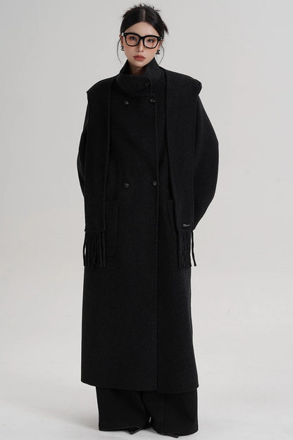 Temperament Hooded Scarf Wool Coat