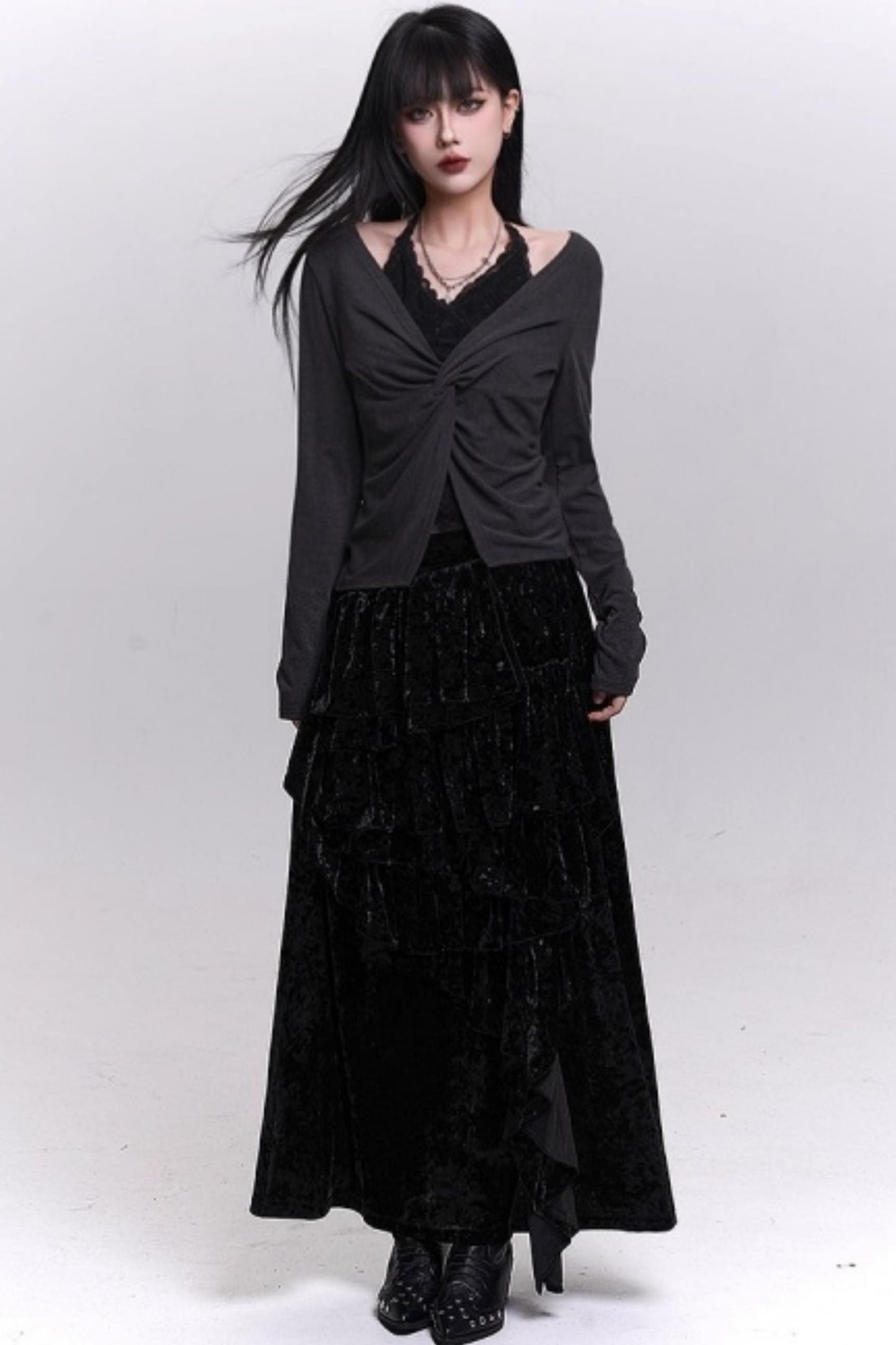 Velvet Irregular Hem Long Skirt