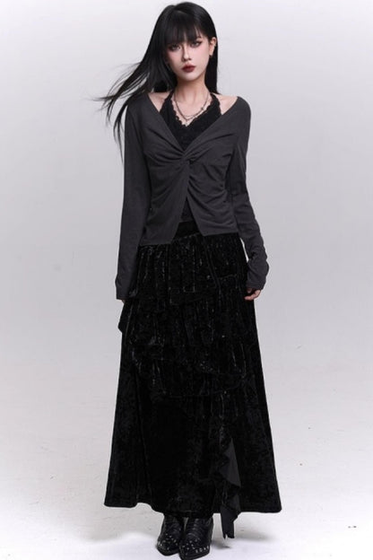 Velvet Irregular Hem Long Skirt