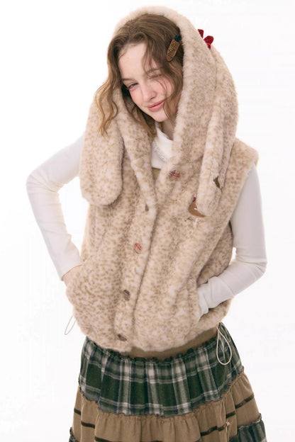 Black Leather Rabbit Hooded Vest Jacket