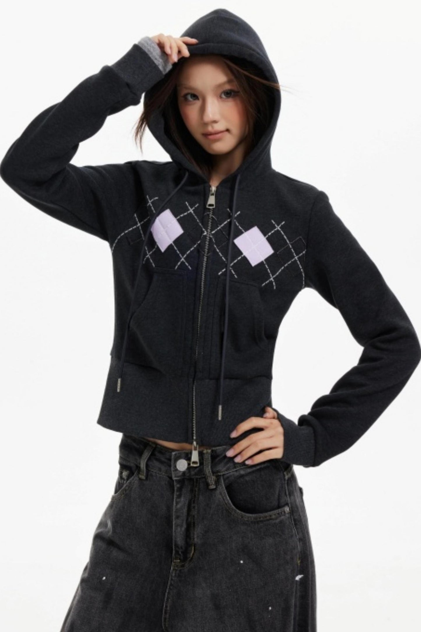 Diamond Plaid Hooded Waist Jacket