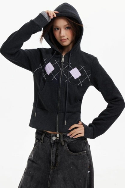 Diamond Plaid Hooded Waist Jacket