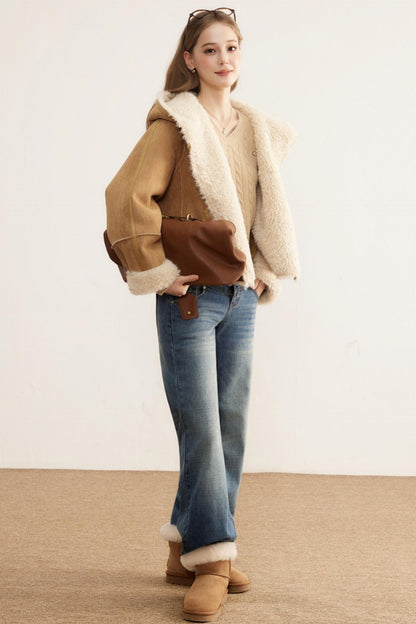 Short Suede Hooded Brown Jacket