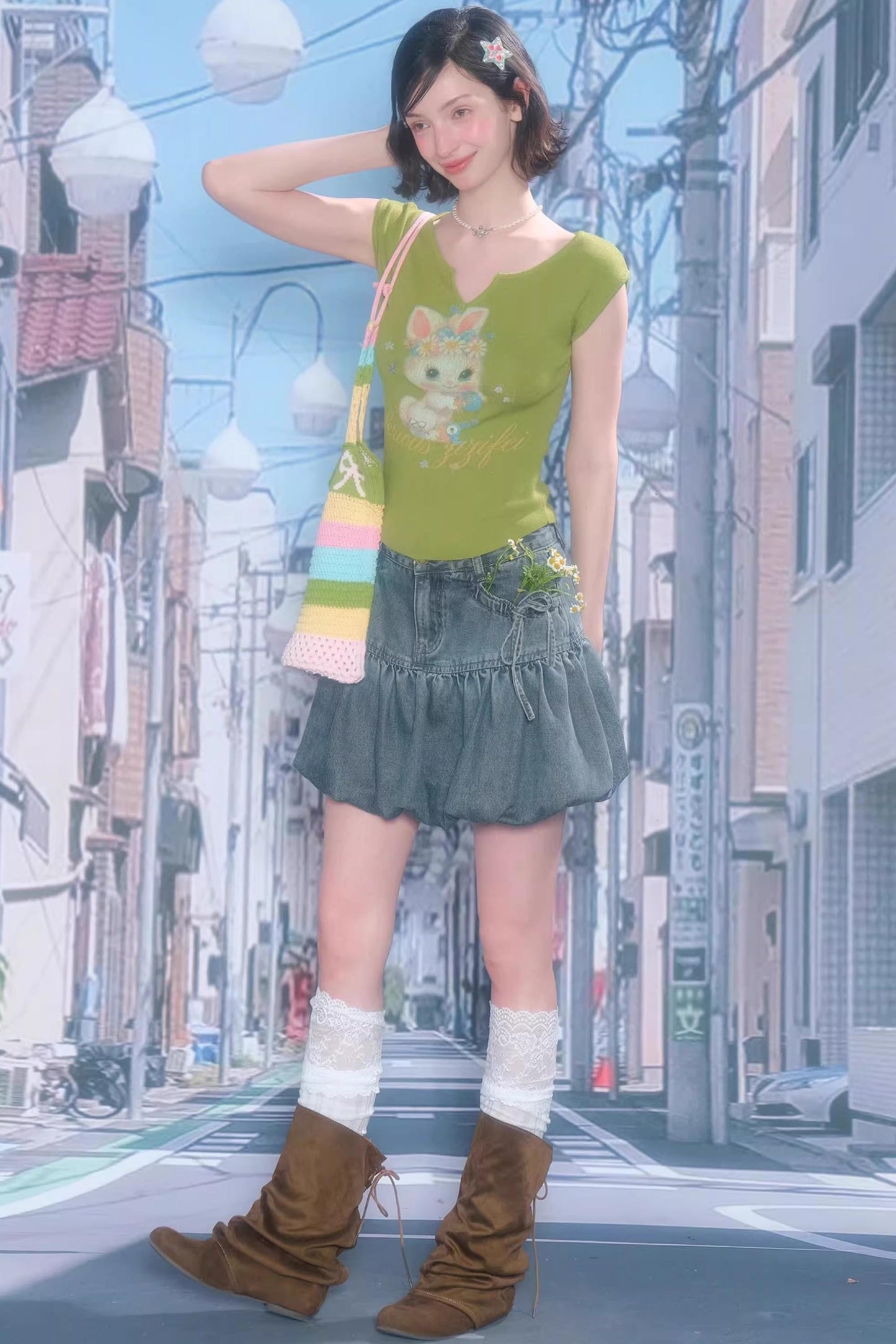 Green Rabbit Print Top