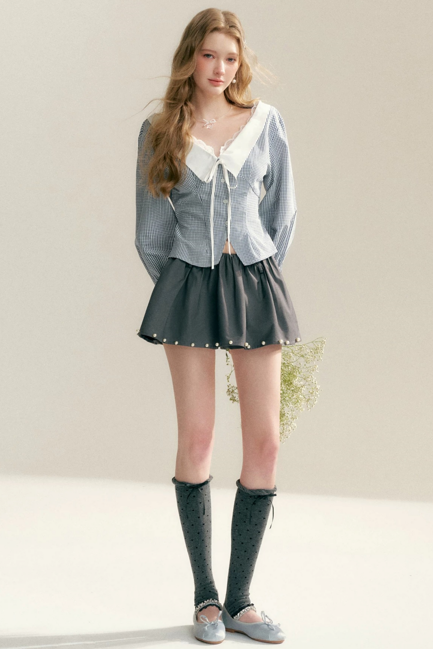 Lace Trim Plaid Blouse