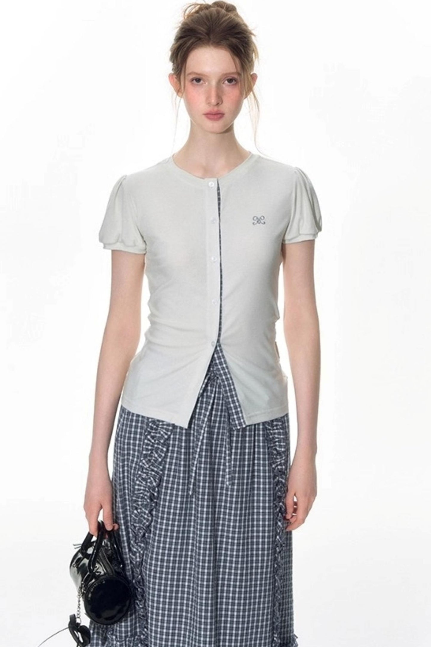 Original Slim Short Sleeve  Plaid Panelled Skirt Set-Up