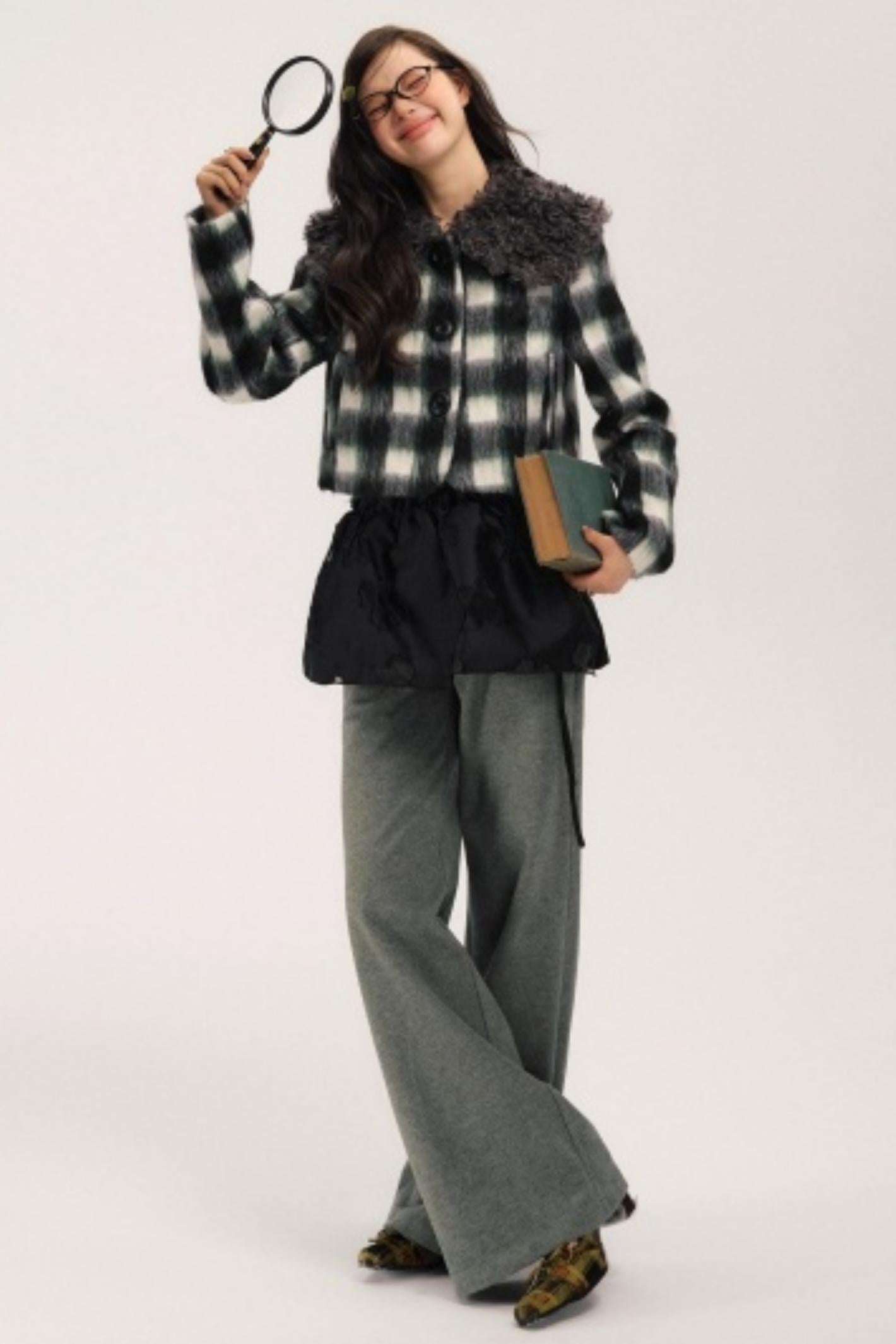 Plaid Wool Fur Collar Jacket