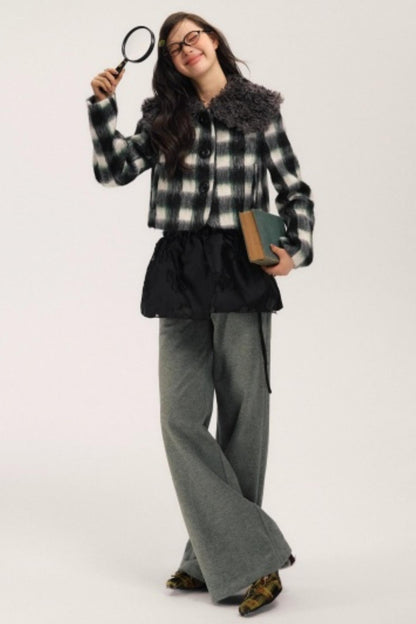 Plaid Wool Fur Collar Jacket