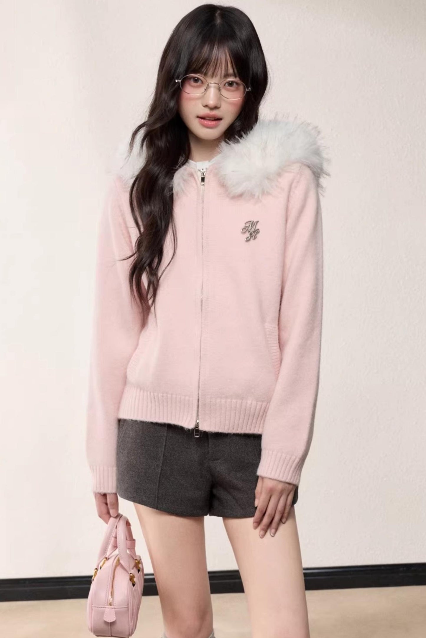 Fur Collar Hooded Knit Cardigan