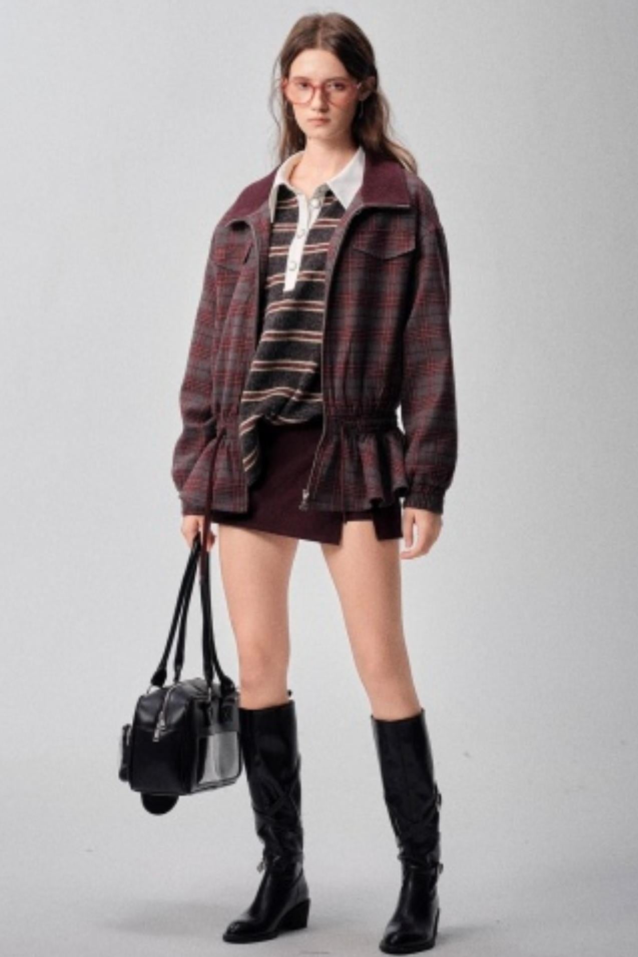 Red Plaid Autumn Waist Jacket