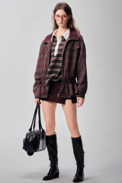 Red Plaid Autumn Waist Jacket