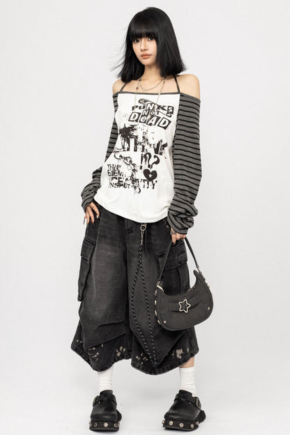 Loose Fit Spliced One-Shoulder Top