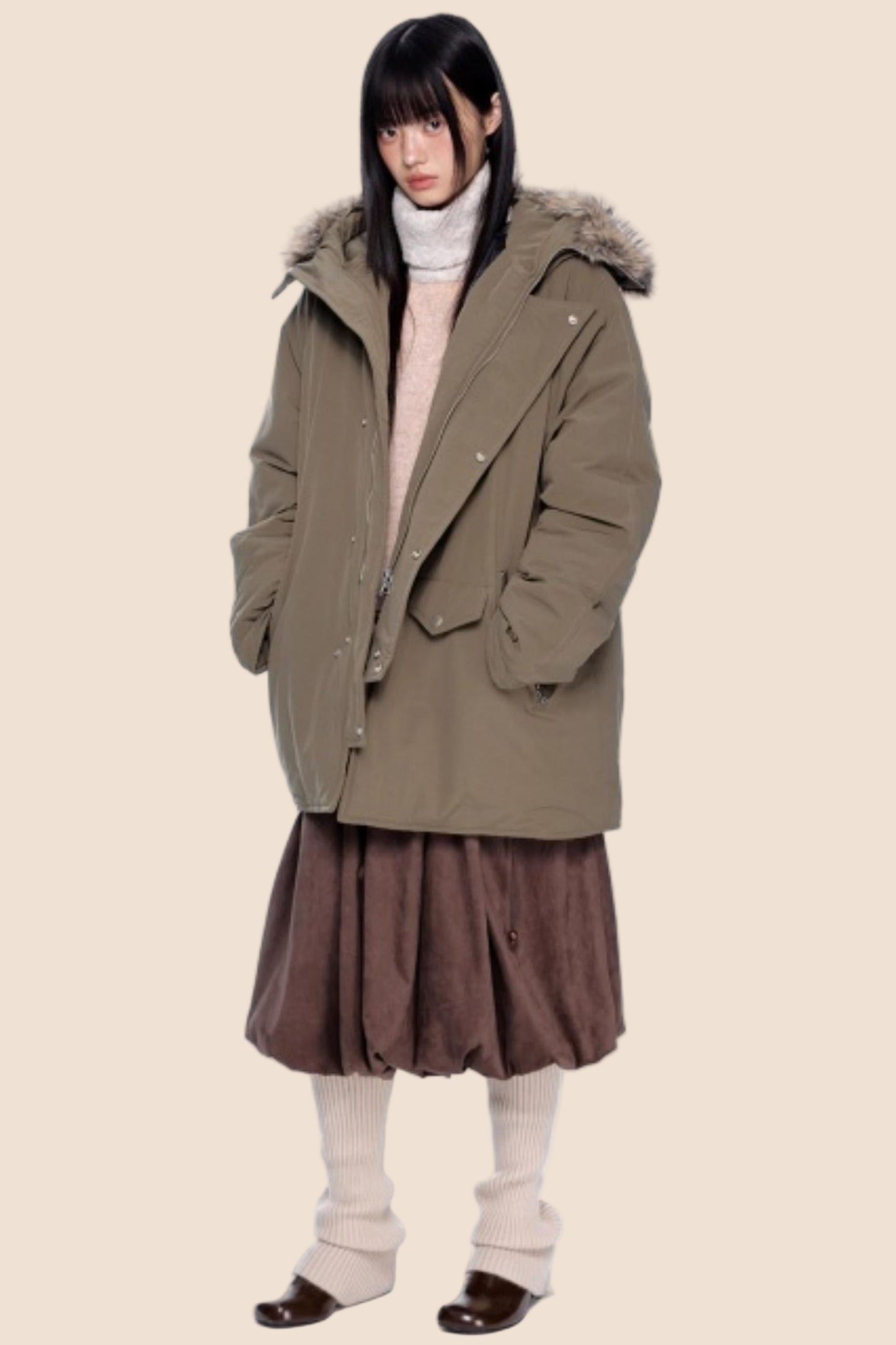Fur Collar Hooded Parka Coat