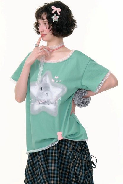 Star Rabbit Lace Short Sleeve T-shirt