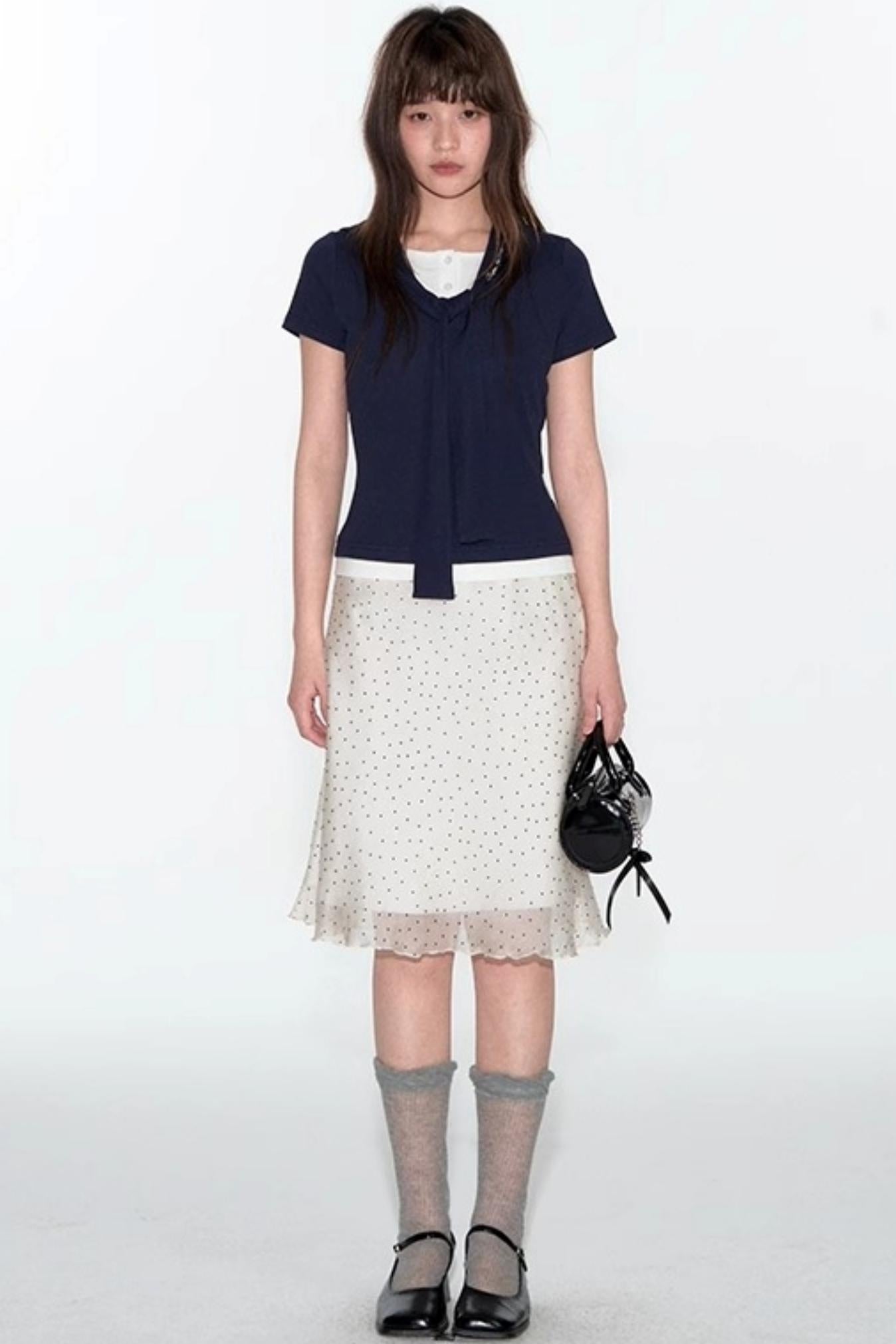 French Polka Dot A-Line Chiffon Skirt