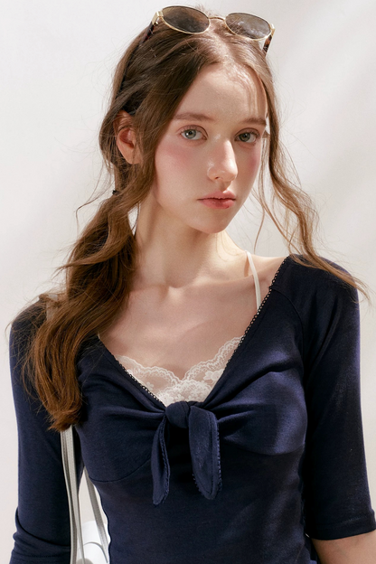 French Wave Lace Bow Blouse