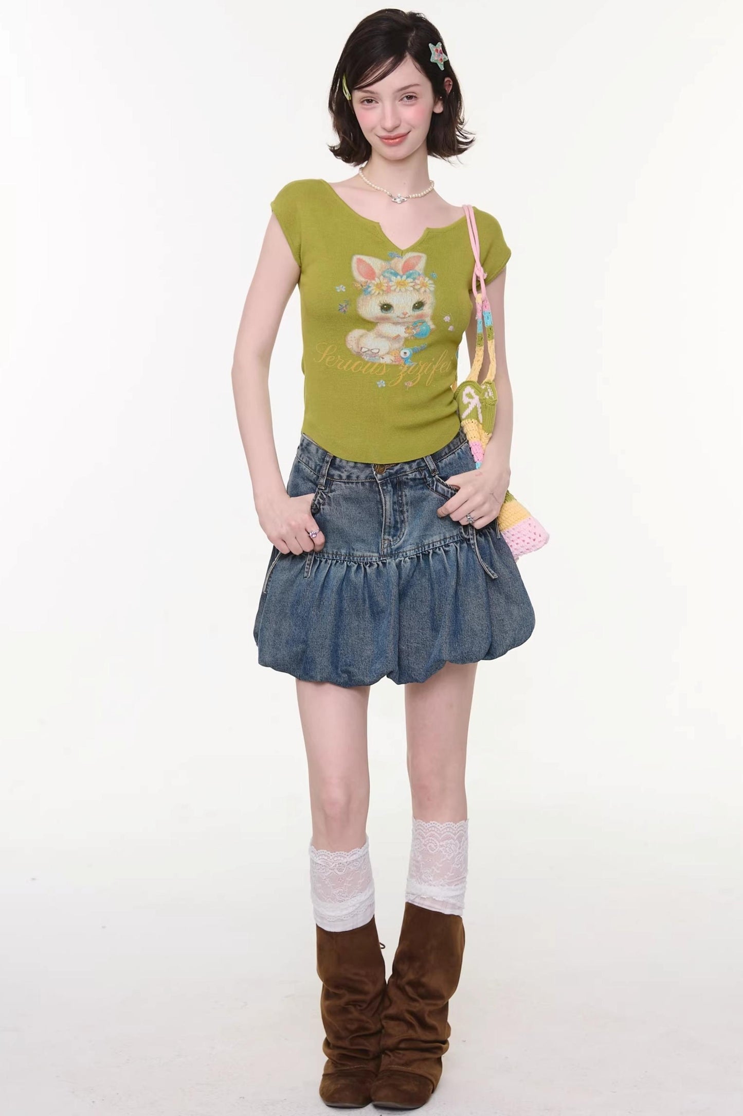 Sweet Bubble Bowknot Denim Skirt