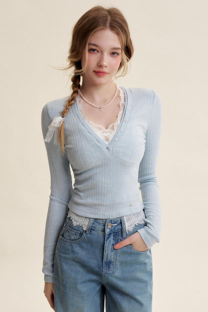 Lace V-Neck Knit Sweater Set-Up
