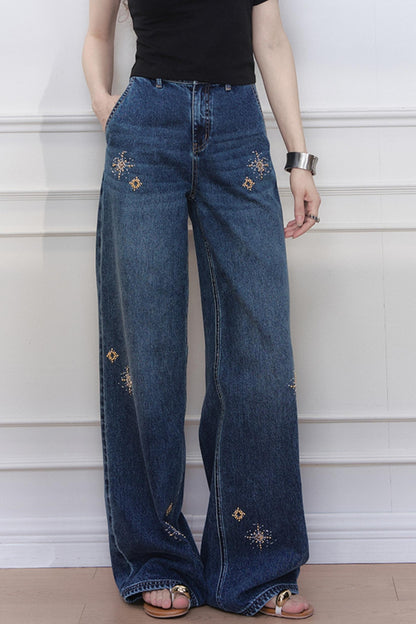 Blue Star Embroidered Wide-Leg Jeans