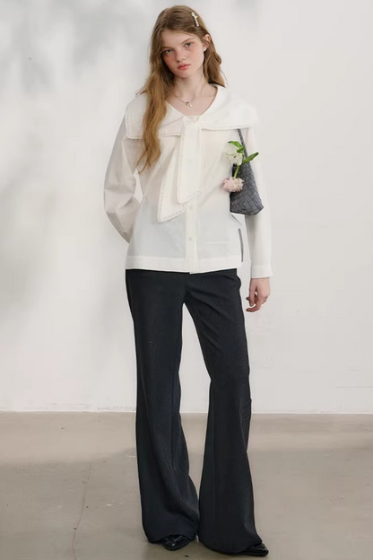 네이비 웨이브 레이스 블라우스