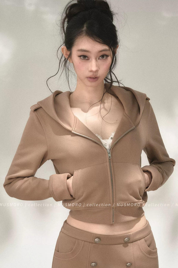Double-Breasted Hooded Sweatshirt and Skirt Set-Up