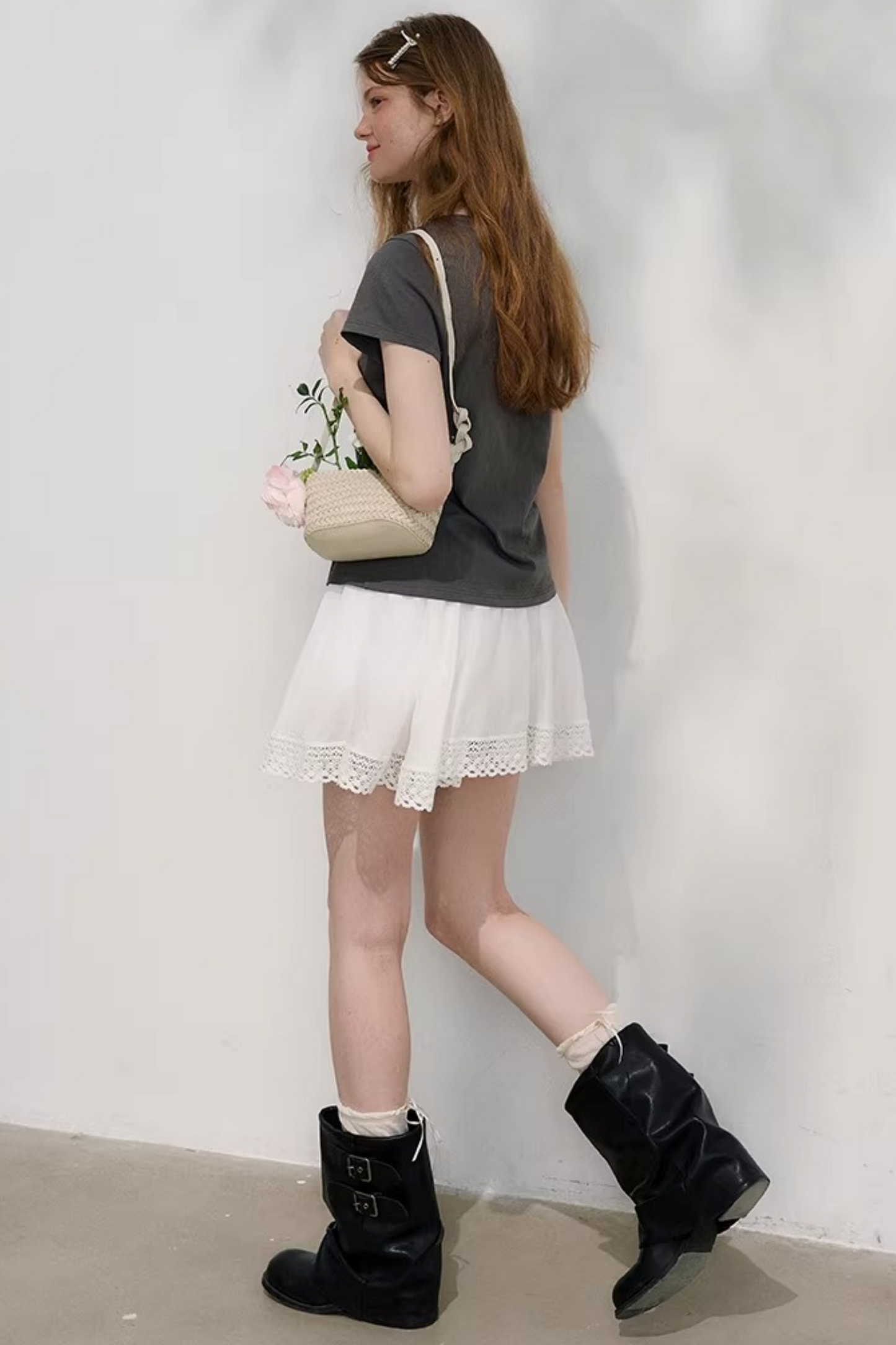 Plaid Lace Pleated Skirt