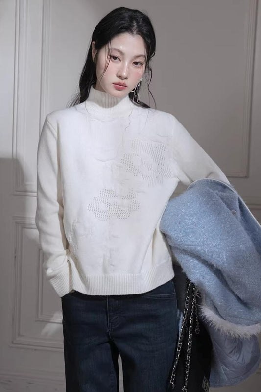 Milky White Floral Wool Sweater