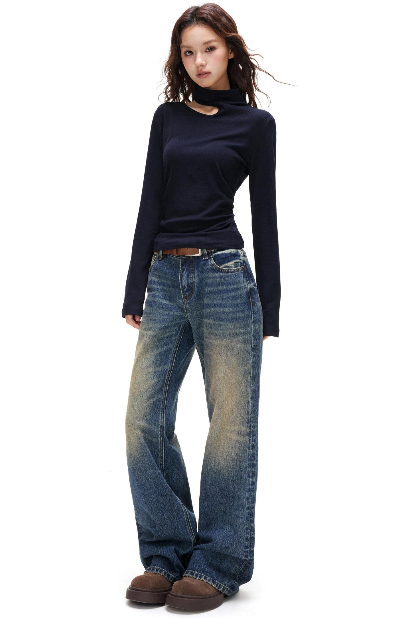 Thin Velvet Pleated Turtleneck Top
