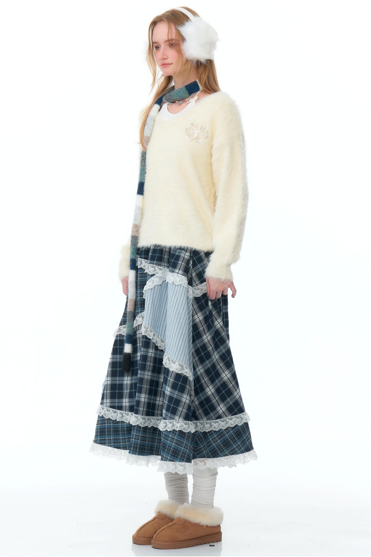 Niche Design Plaid Lace Patchwork Skirt