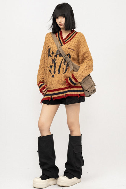 Lazy V-Neck Knitted Top