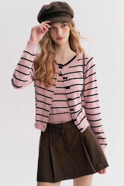 Striped Knit Suspender Cardigan & Top Set