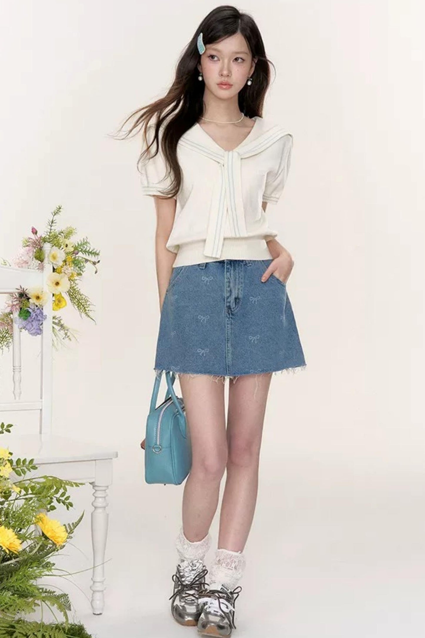 Sweet Sailor Collar Knit Top Set-Up