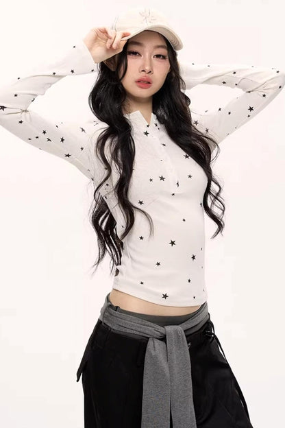 Star Print Knitted Henley Top