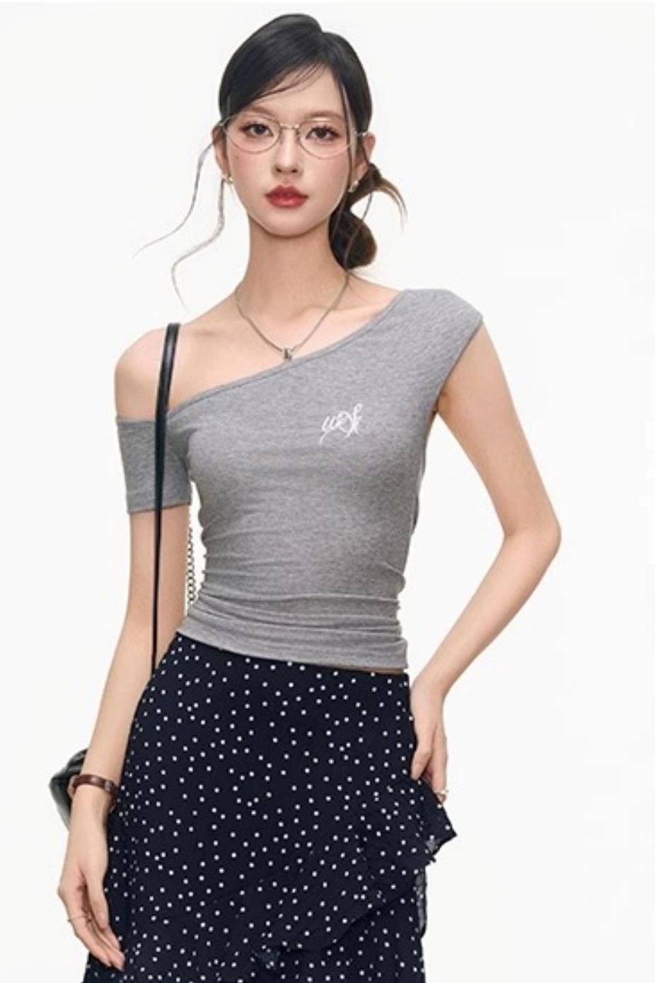 Asymmetrical Grey Top & Polka Dot Maxi Skirt Set-Up