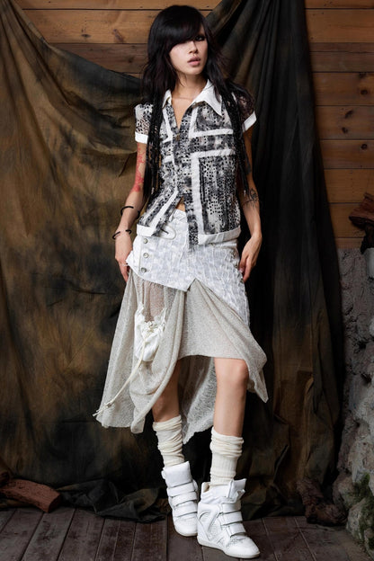 Vintage Patchwork Mesh Maxi Skirt