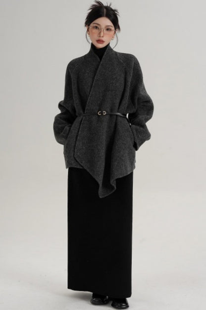 Elegant Lace-Up Woolen Coat