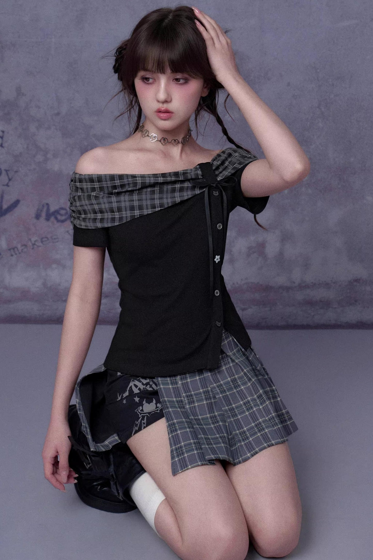 Plaid Graffiti Pleated Skirt Matching Set