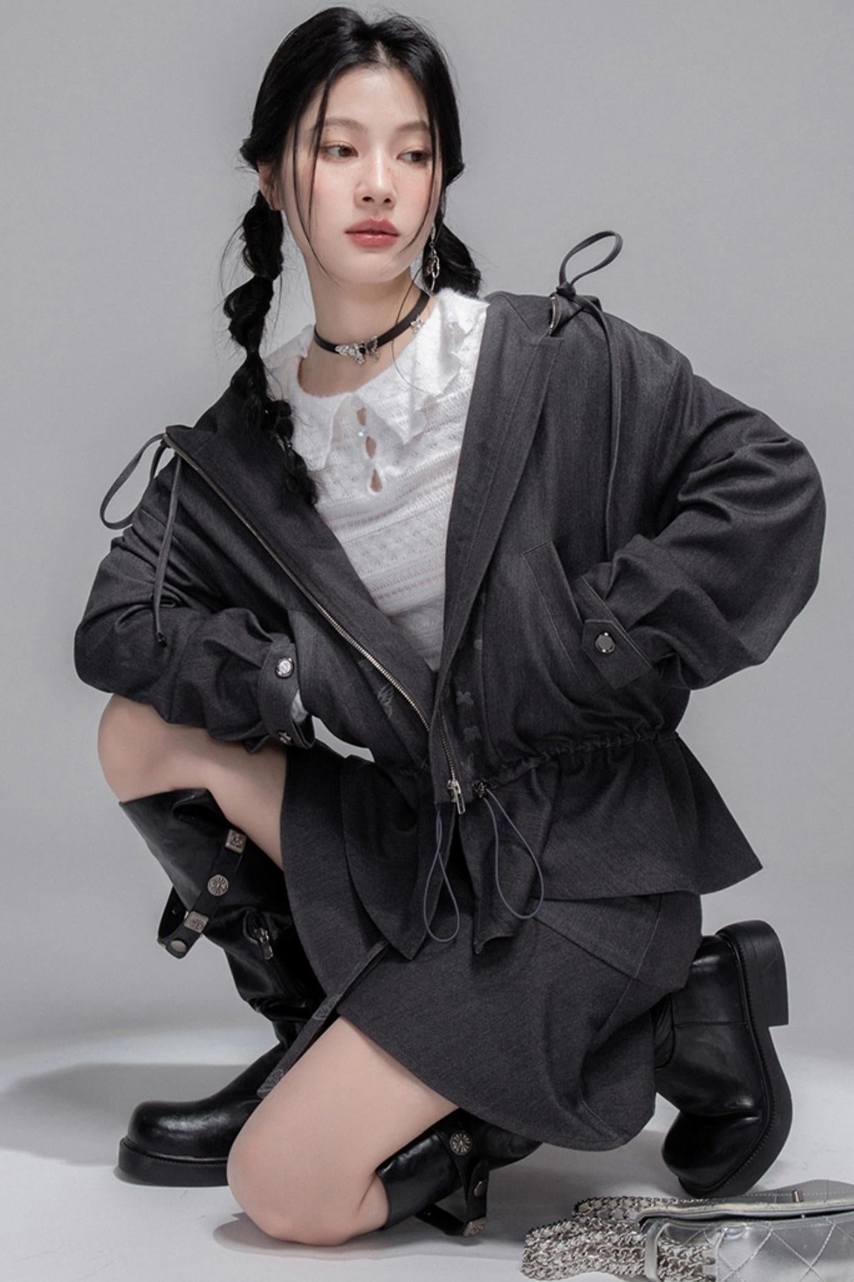 Morning Gray Hooded Jacket & Skirt Set