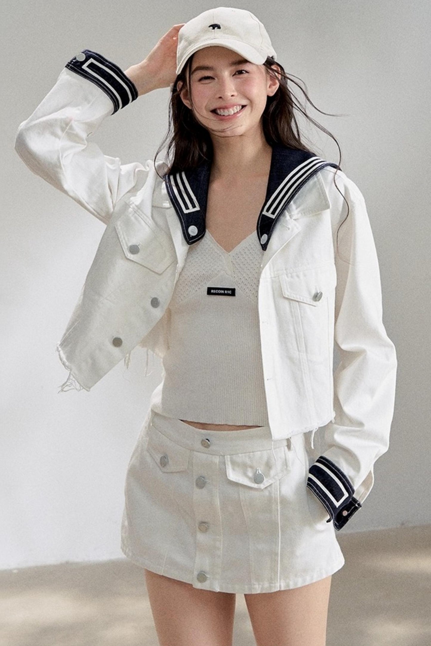 White Navy Short Denim Jacket Set-Up