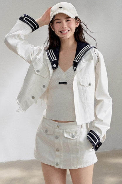 White Navy Short Denim Jacket Set-Up