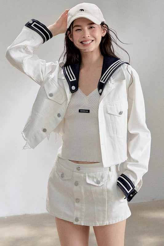 White Navy Short Denim Jacket Set-Up