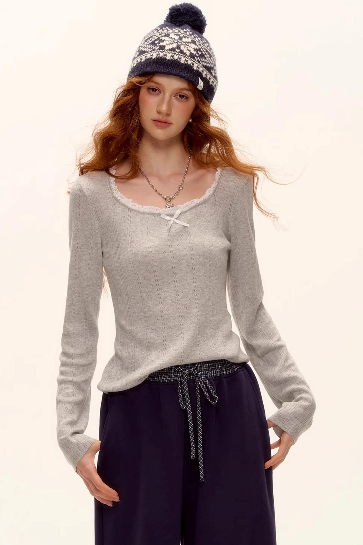 Lace-Trimmed Bow Hollow Knit Top