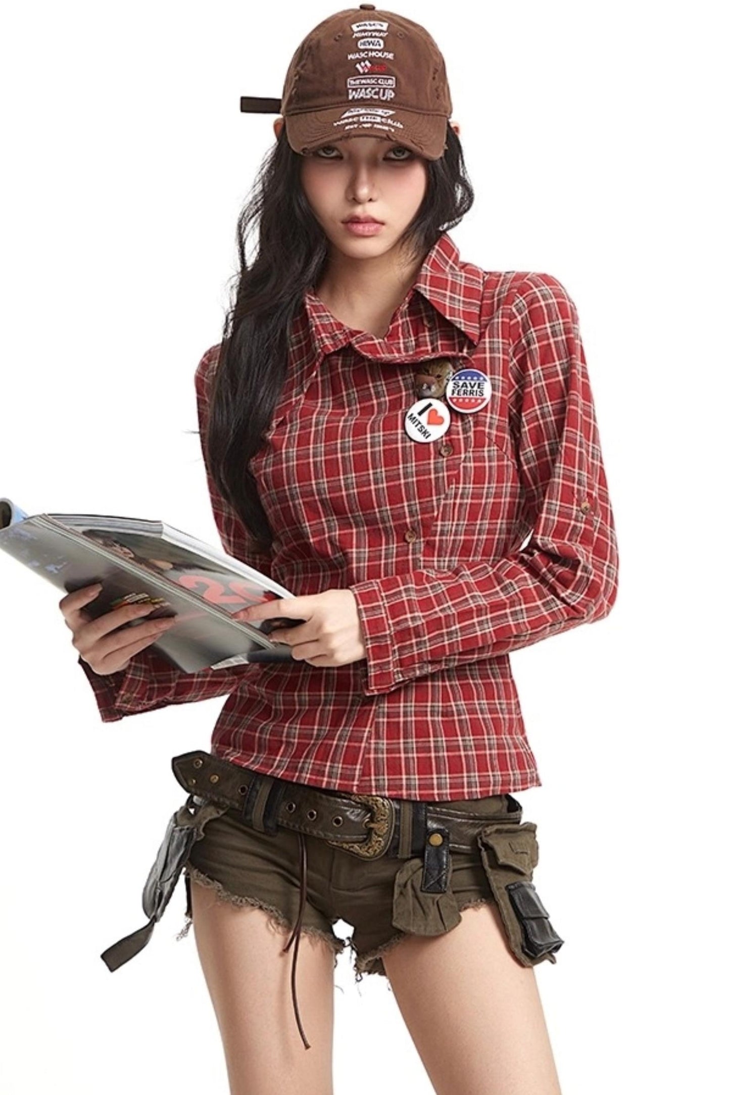 Loose Fit Waist-Tightening Plaid Shirt