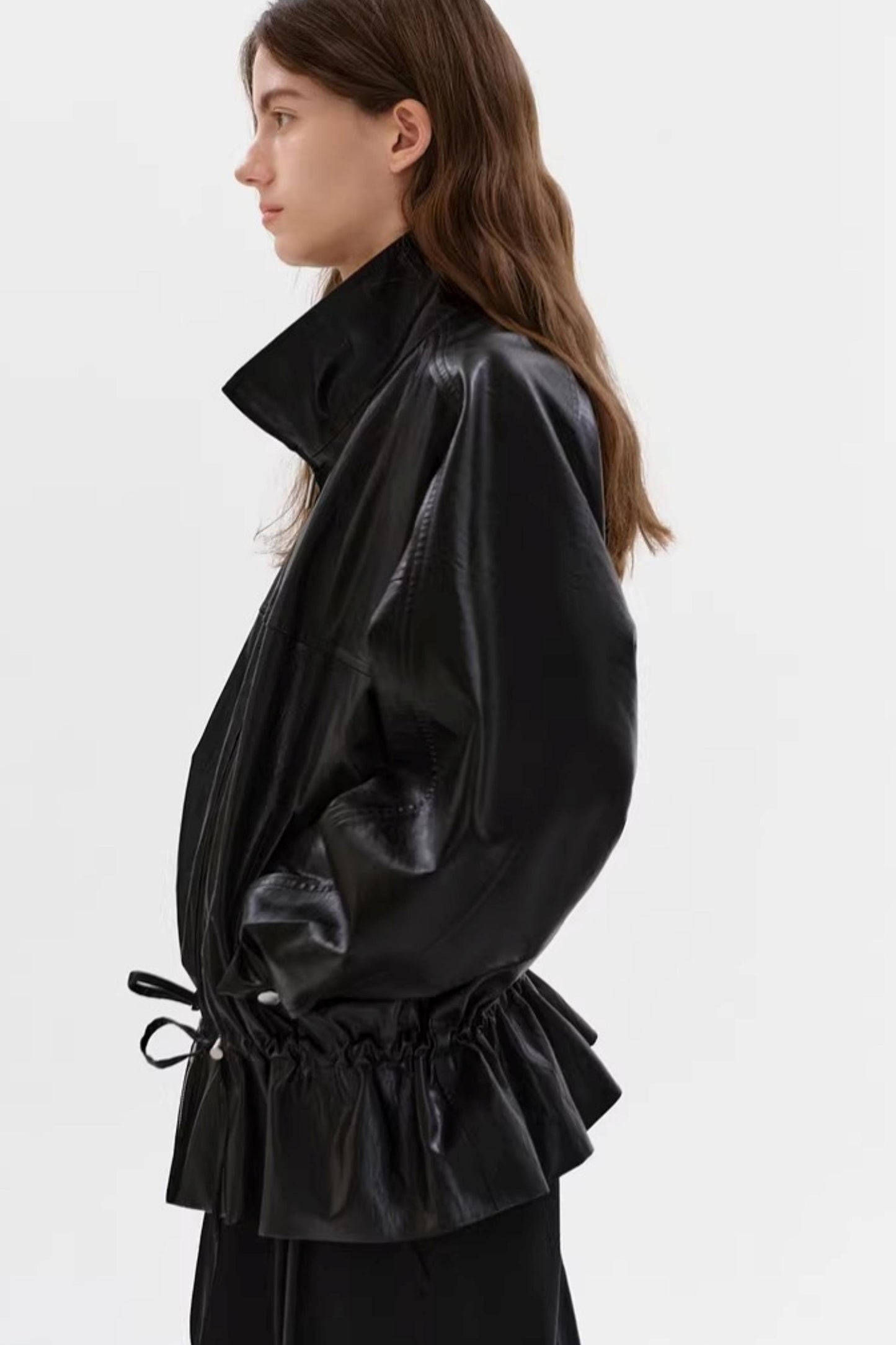 Black Leather Drawstring Jacket