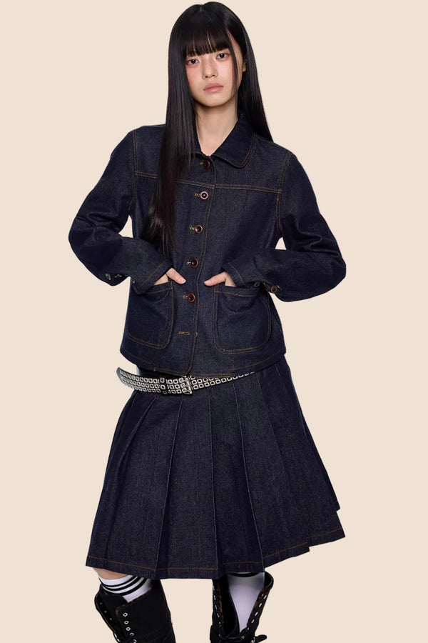 Retro Denim Pleated Skirt Suit Set-Up