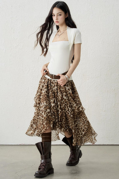 커피 레오파드 쉬폰 스커트