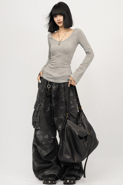 Autumn V-Neck Slim Black Top