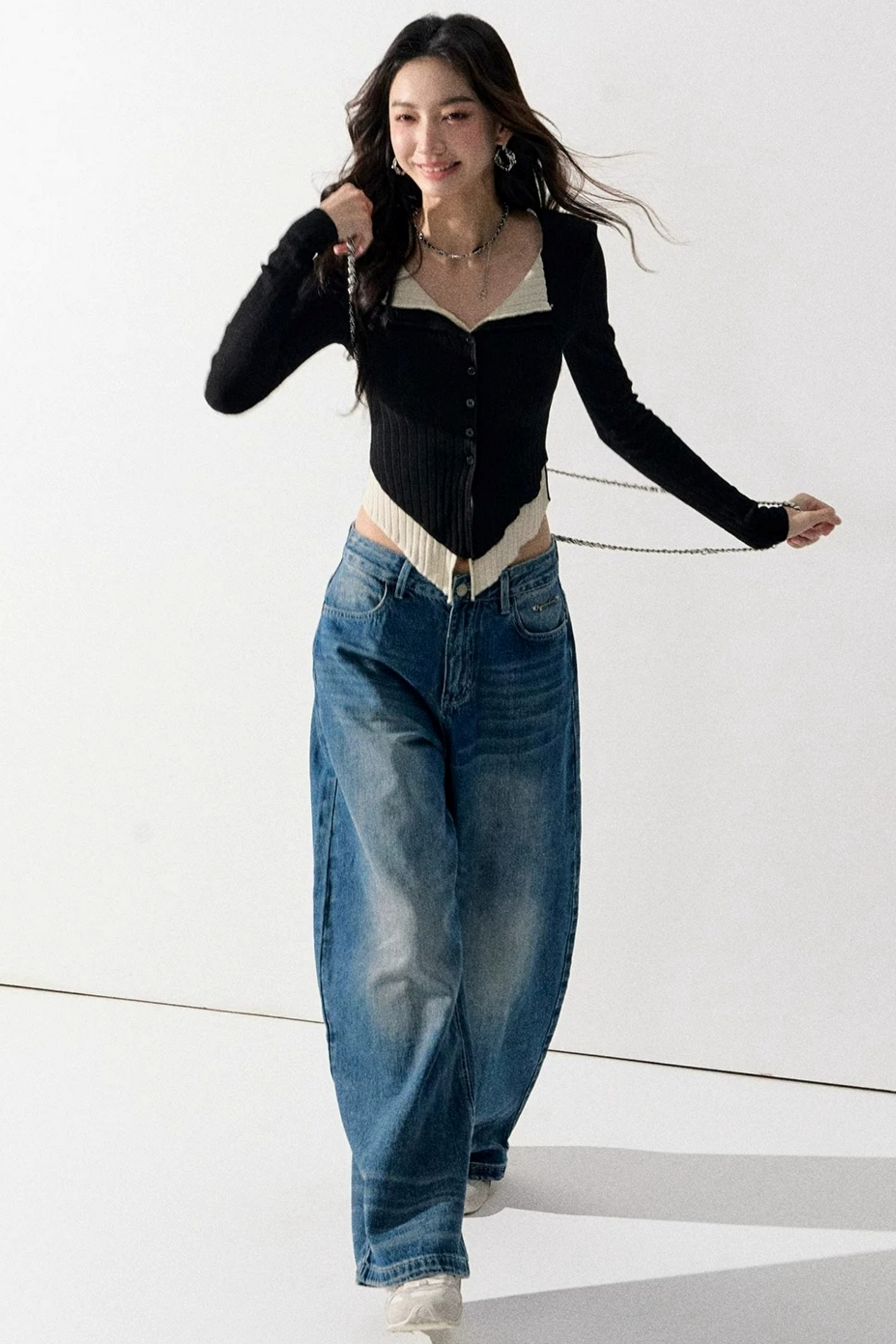 V-Neck Color-Blocked Knit Sweater