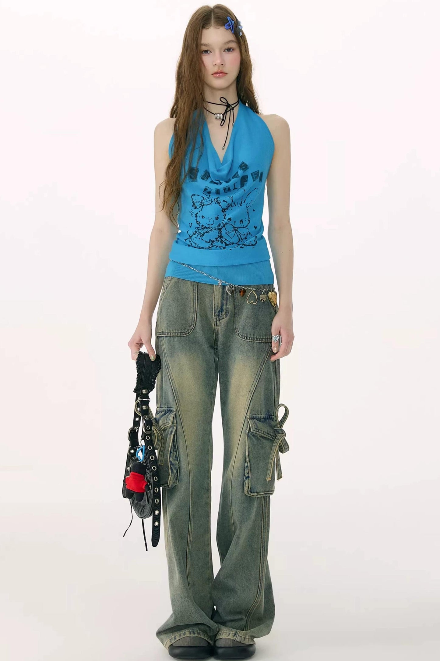 Blue Rabbit Print Halter Top